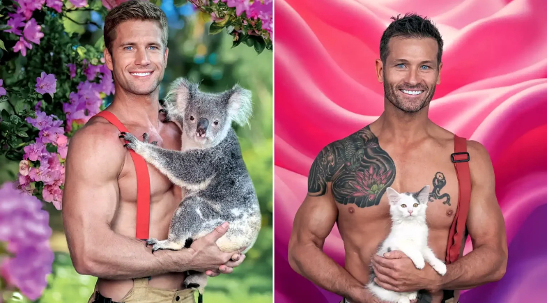 Bombeiros sarados posam sem camisa com animais fofos em calendário beneficente