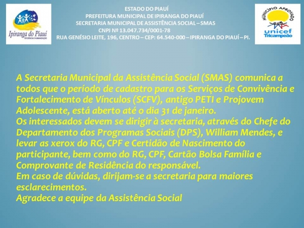 Secretária Municipal de Assistência Social (SMAS) Avisa sobre Cadastramento - Imagem 1