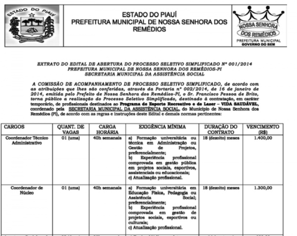 Teste Seletivo na Prefeitura de N. S. dos Remédios - Imagem 1