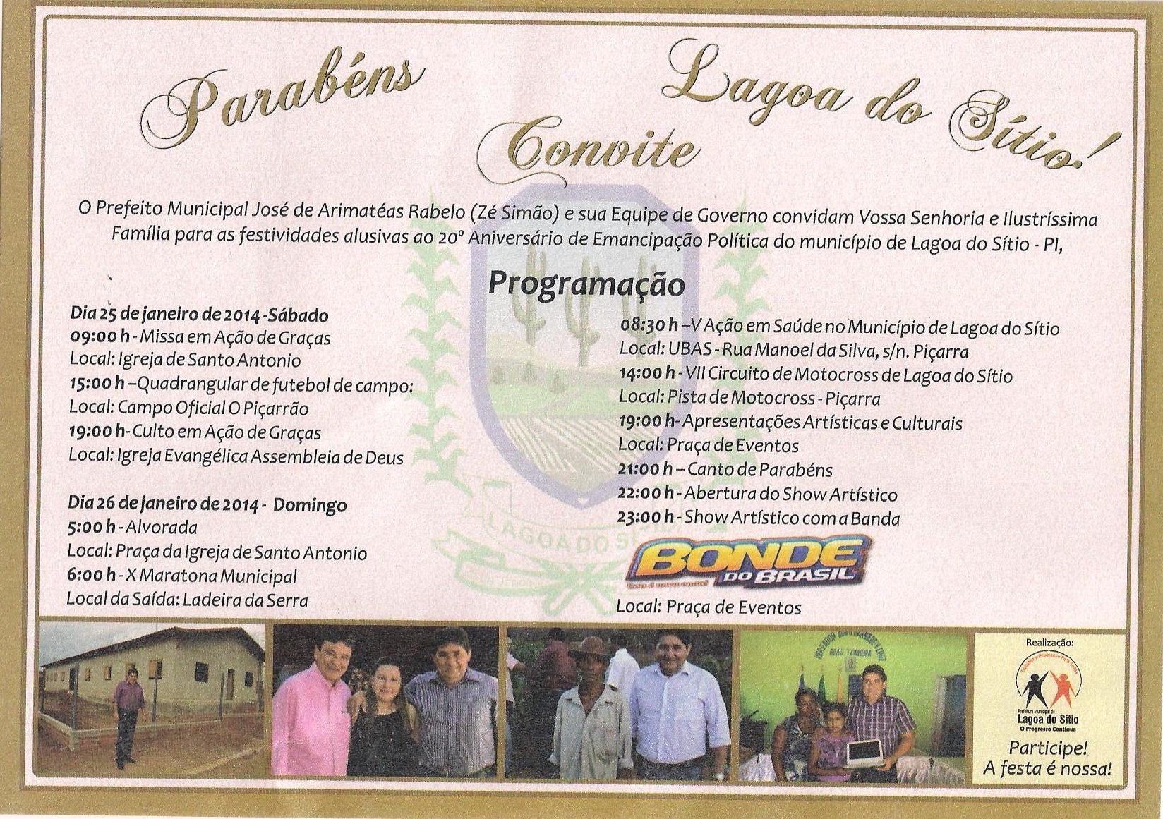 Prefeitura de Lagoa do Sítio convida para Aniversário da Cidade