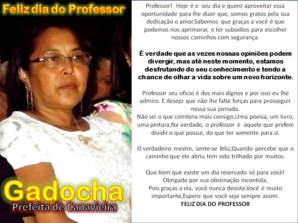 Mensagem da Prefeita Gadocha a todos os professores de Canavieira