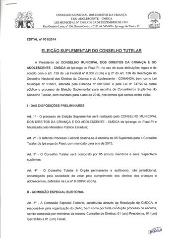  CMDCA Publica Edital de Eleição Suplementar Para Conselheiro Tutelar - Imagem 1