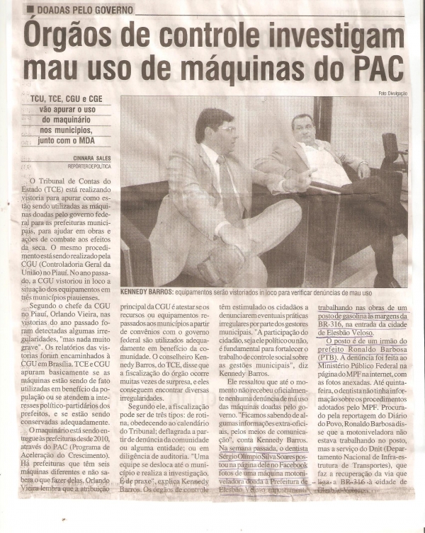 Órgãos de controle e fiscalização investigam uso indevido de máquinas doadas pelo governo - Imagem 1