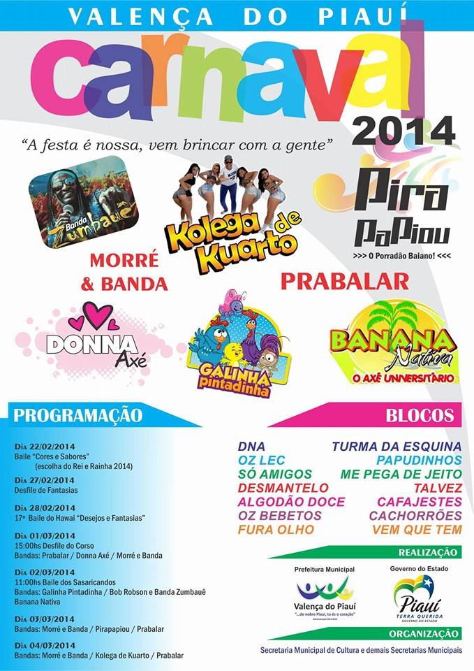  Carnaval 2014: Programação Oficial das Bandas que animarão o Carnaval de Valença 