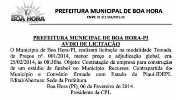 Prefeitura de Boa Hora anuncia licitação para a construção do estádio de futebol  - Imagem 1