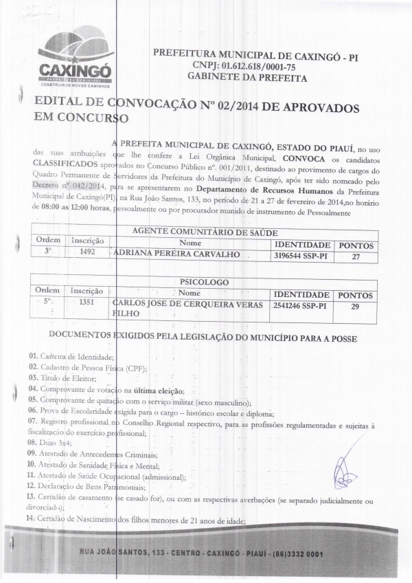 VEJA: Prefeitura de Caxingó convoca aprovados em concurso público - Imagem 1