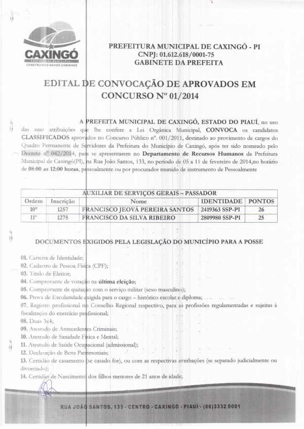 Prefeitura de Caxingó convoca aprovados em concurso público - Imagem 1