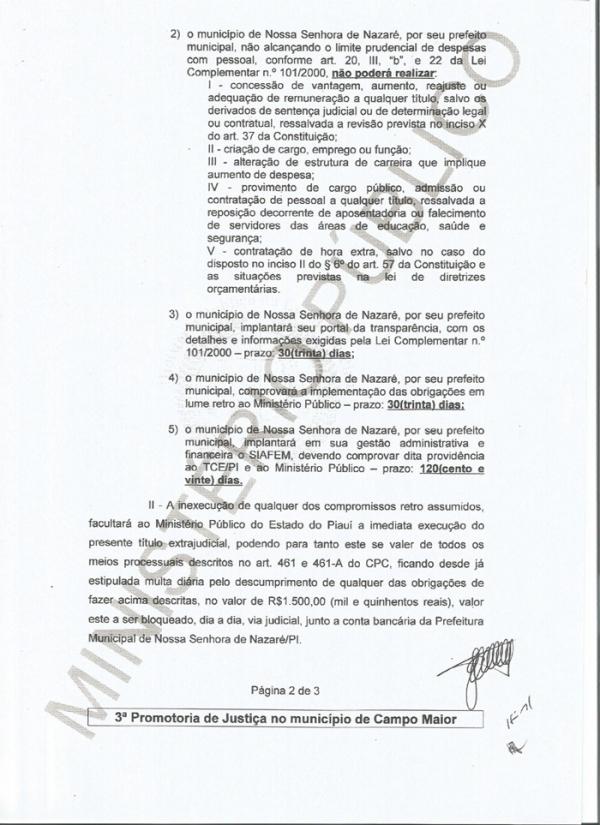 Ministério público firma termo de ajuste de conduta para o prefeito de Nossa Senhora de Nazaré demitir todos os servidores contratados do município - Imagem 2