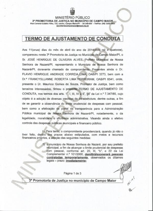 Ministério público firma termo de ajuste de conduta para o prefeito de Nossa Senhora de Nazaré demitir todos os servidores contratados do município - Imagem 1
