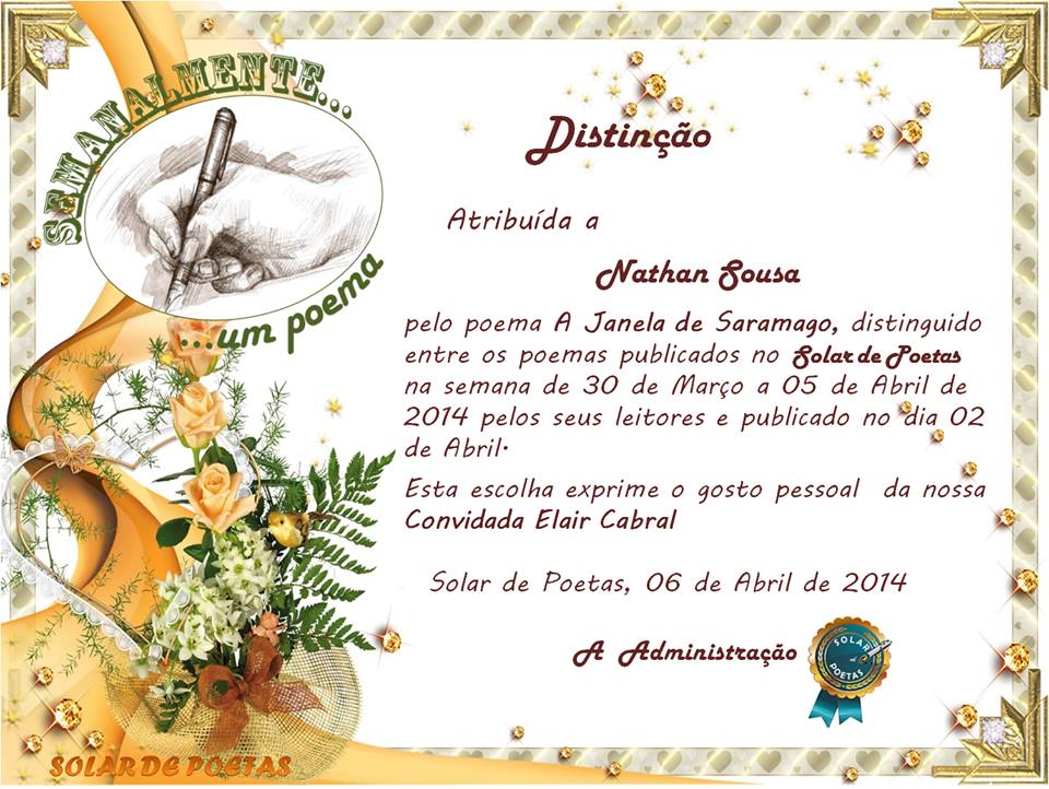 Poeta Nathan Sousa recebe distinção da comunidade SOLAR DE POETAS, de Portugal.