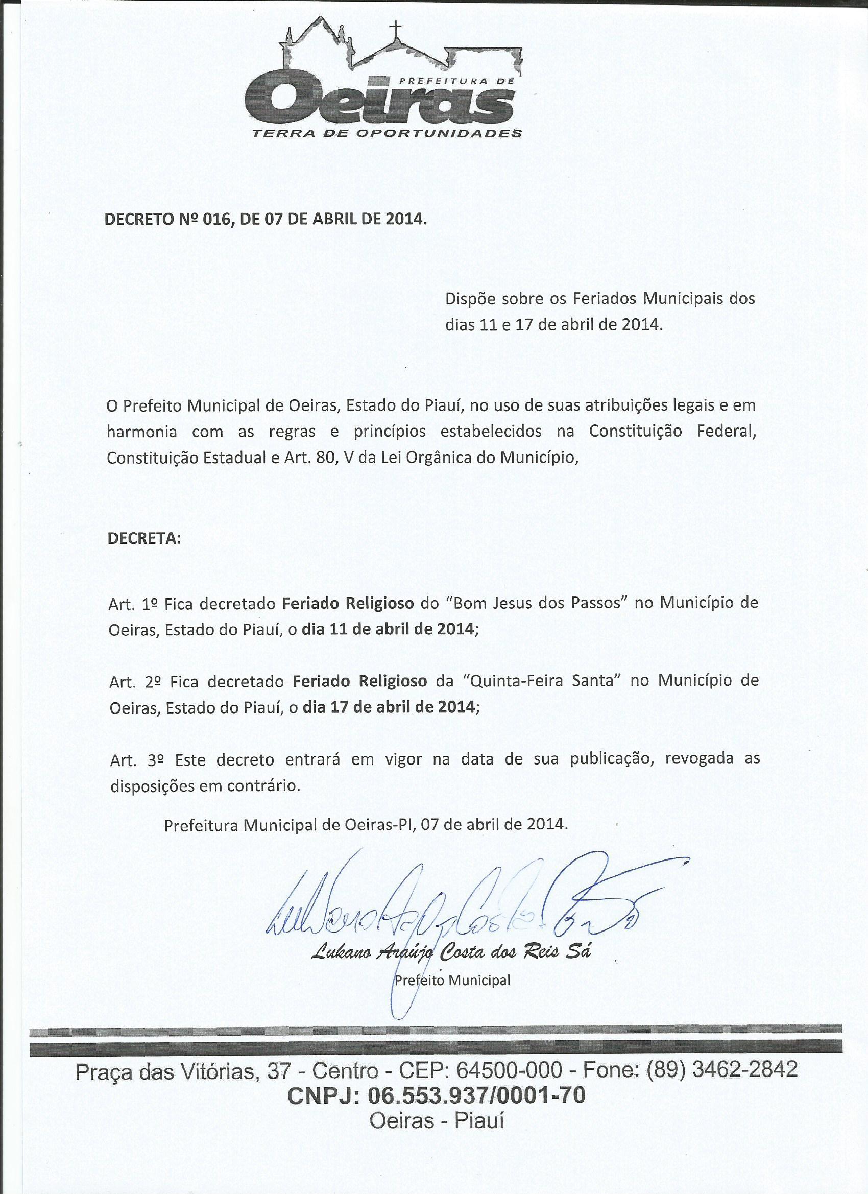 Lukano Sá decreta feriado em Oeiras