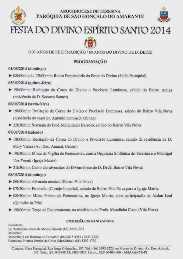 Confira a programação completa para as festividades do Divino Espírito Santo – 2014 - Imagem 1
