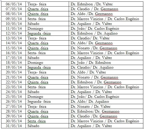 Direção do HMU divulga escala de plantões médicos no mês de Maio - Imagem 1