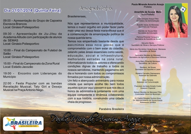 Participe da programação alusiva aos 23 anos da cidade de Brasileira - Imagem 1