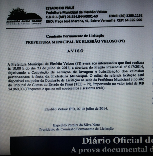 Prefeitura de Elesbão Veloso publica edital de licitação para lavagem de veículos no valor de mais de 50 mil reais - Imagem 1