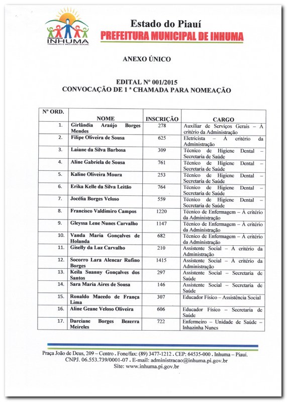 Edital nº 001/2015-Convocação de 1ª chamada para nomeação-Concurso Público - Imagem 2
