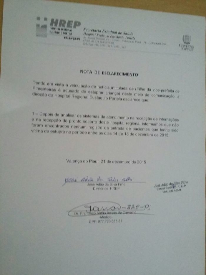 Hospital regional emite nota sobre suposto estupro em Pimenteiras - Imagem 1