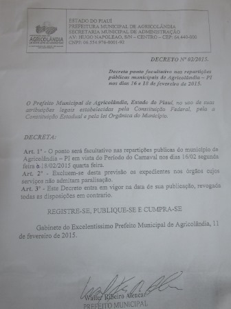 Prefeito Walter Alencar de Agricolândia Decreta ponto Facultativo para as Repartições Públicas no período de Carnaval - Imagem 1