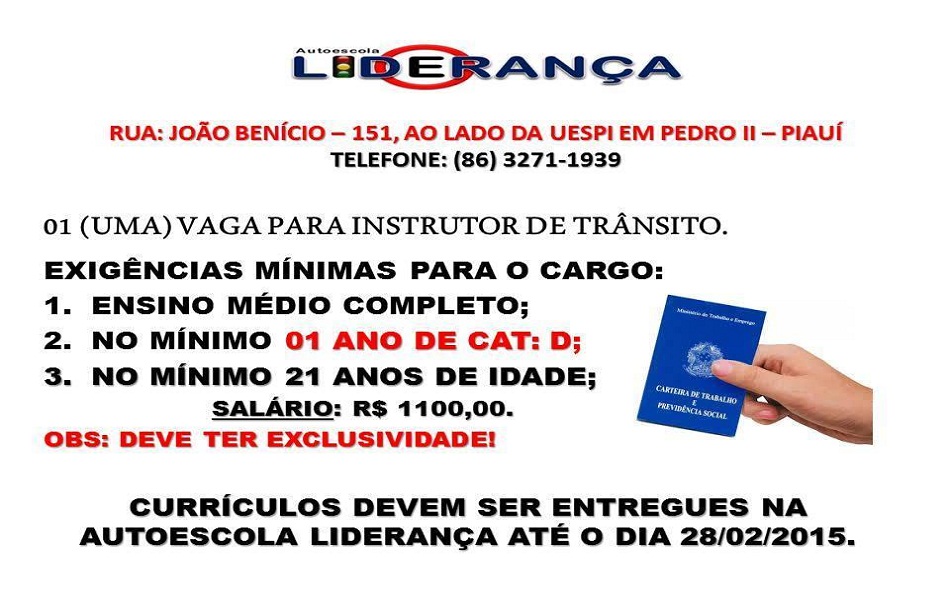 Autoescola Liderança está recebendo curriculo para instrutor de trânsito