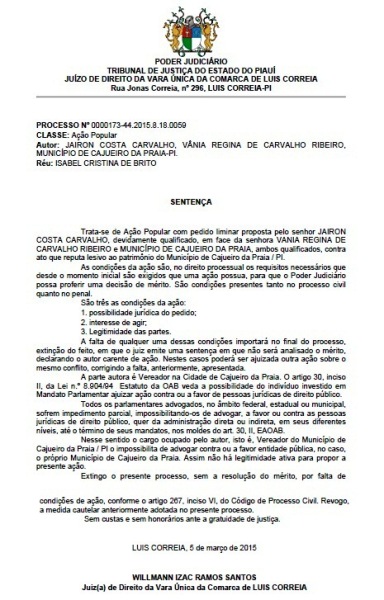 Juiz de Luís Correia arquiva processo do vereador Jairon Carvalho contra a prefeita Vânia Ribeiro - Imagem 1