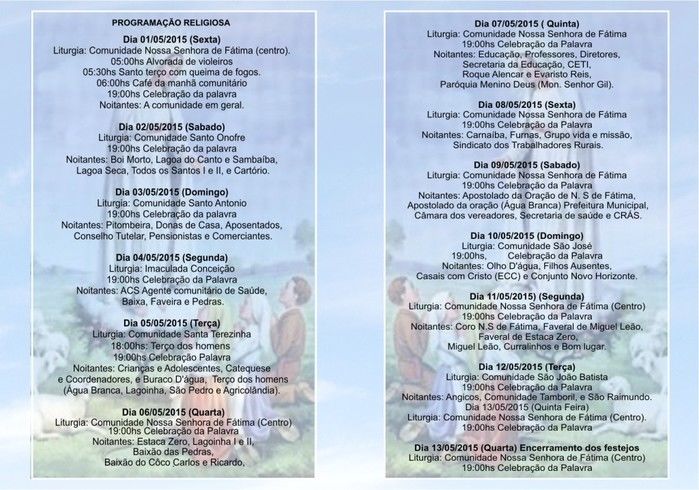 Festejos de Nossa Senhora de Fátima de 01 a 13 de Maio 34 anos de Evangelização em Agricolândia - Imagem 2