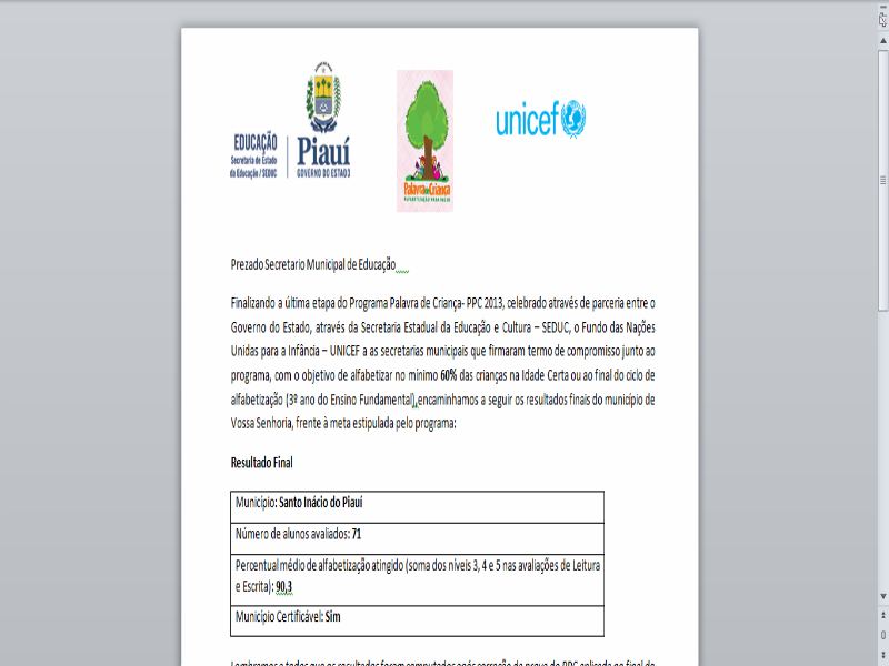 Município de Santo Inácio do Piauí tem bom resultado  em avaliação no Programa Palavra de Criança- PPC 2013
