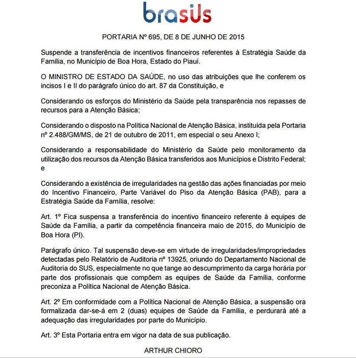 Recursos da Saúde do Município de Boa Hora são suspensos devido descumprimento da carga horária por parte dos profissionais do PSF. - Imagem 1