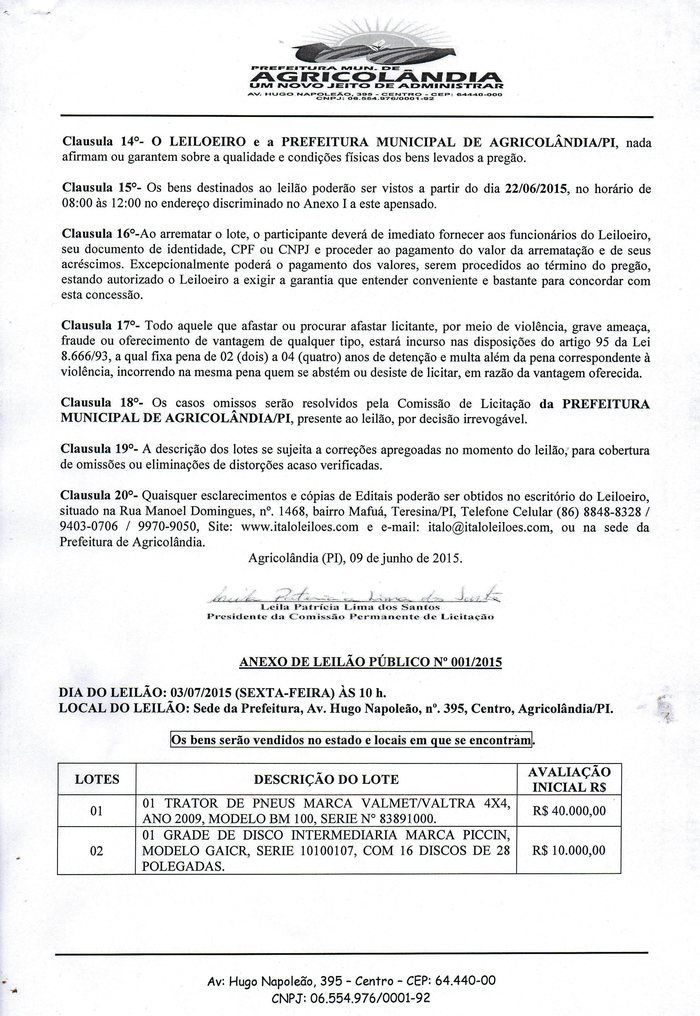 Leilão de Trator Será Feito em 03 de Julho pela Prefeitura de Agricolândia  - Imagem 3