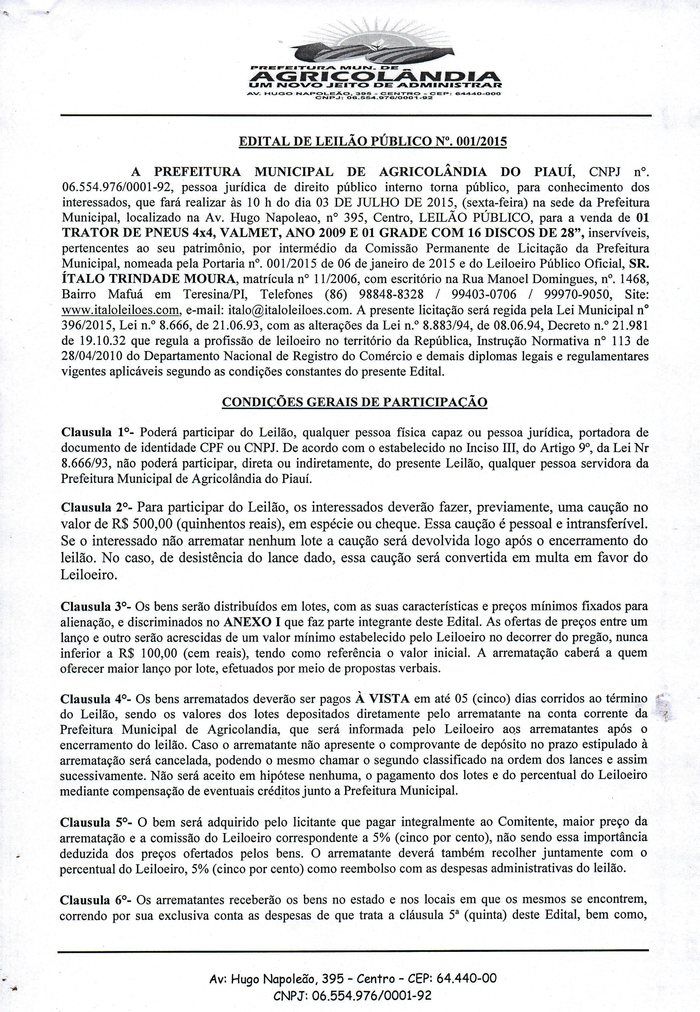 Leilão de Trator Será Feito em 03 de Julho pela Prefeitura de Agricolândia  - Imagem 1