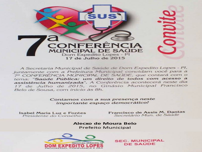 7ª Conferência Municipal de Saúde de Dom Expedito Lopes será realizada nesta sexta 17 de Julho de 2015
