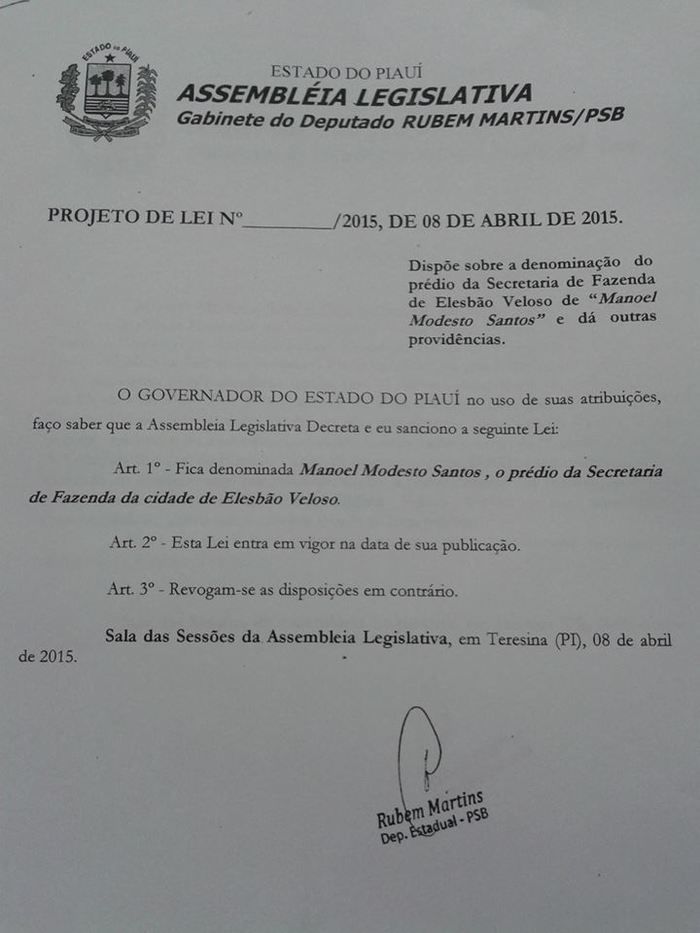 Projeto de Lei do Deputado Rubem Martins (PSB)