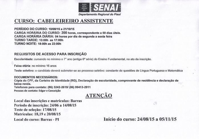 Senai Barras está oferecendo cursos para o mês de agosto. Confira! - Imagem 1