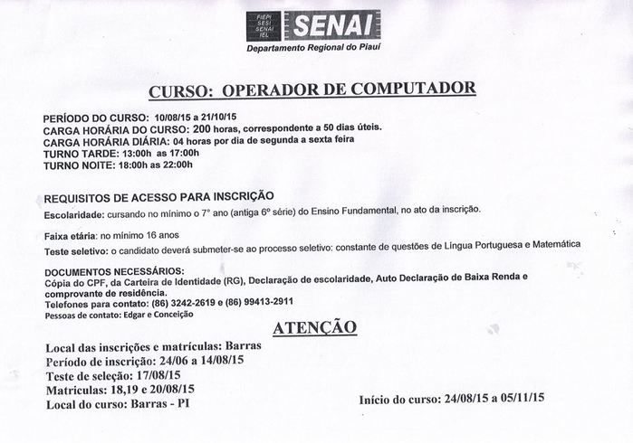 Senai Barras está oferecendo cursos para o mês de agosto. Confira! - Imagem 2