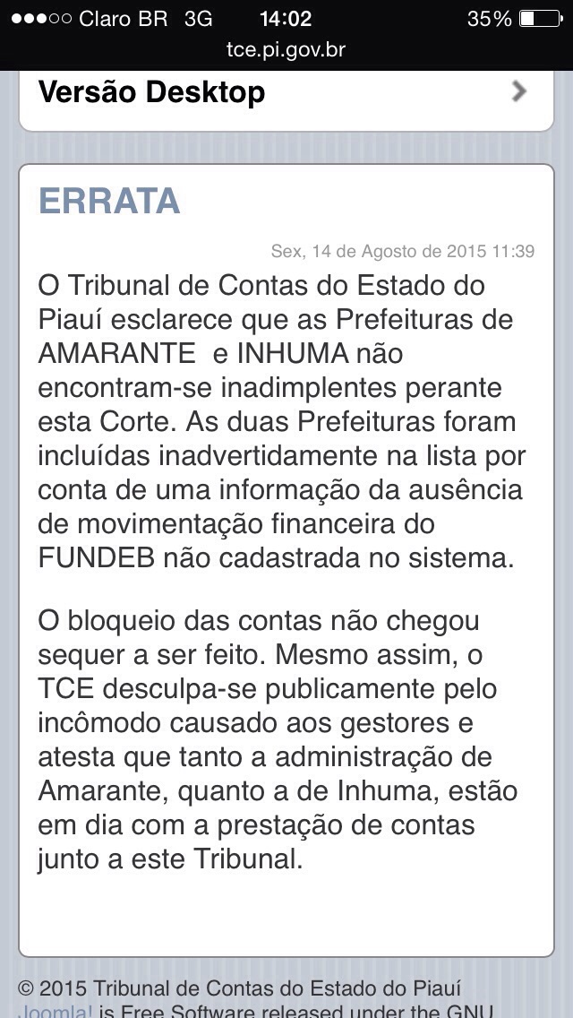 TCE diz que errou e Amarante está adimplente com suas contas - Imagem 2