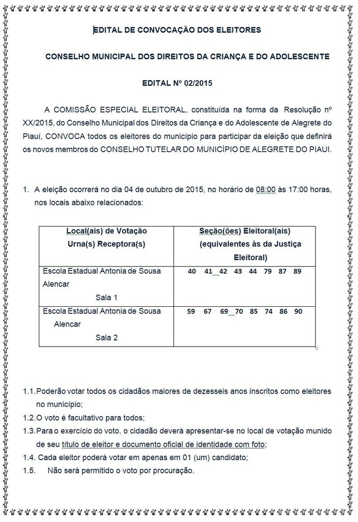 Conselho Municipal dos Direitos da Criança e do Adolescente divulga Edital de Convocação dos Eleitores para eleições do Conselho Tutelar - Imagem 1