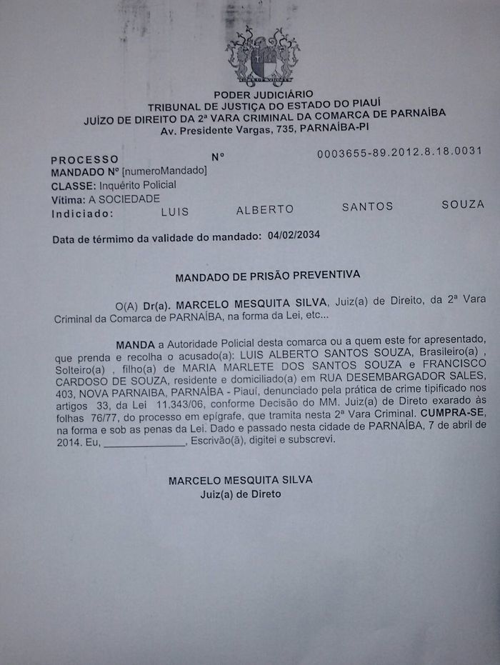 Mandado de prisão preventiva (Crédito: João Júnior)