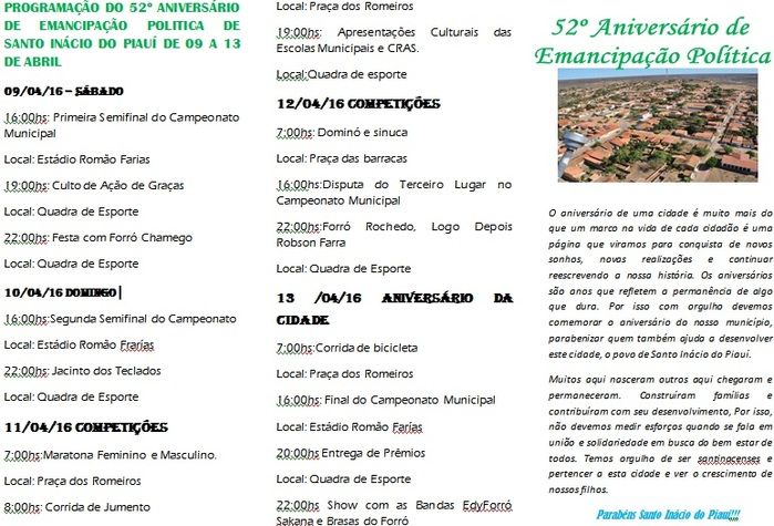 Veja a programação do 52º aniversário da cidade de Santo Inácio - Imagem 2