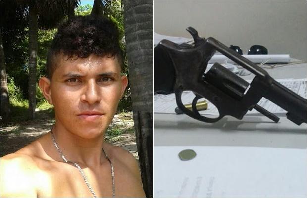Jovem assassinado ao tentar sair de bar e a arma do crime   (Crédito: Reprodução)