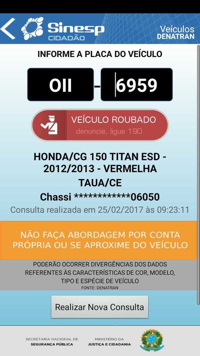 Consulta da moto recuperada (Crédito: Polícia)