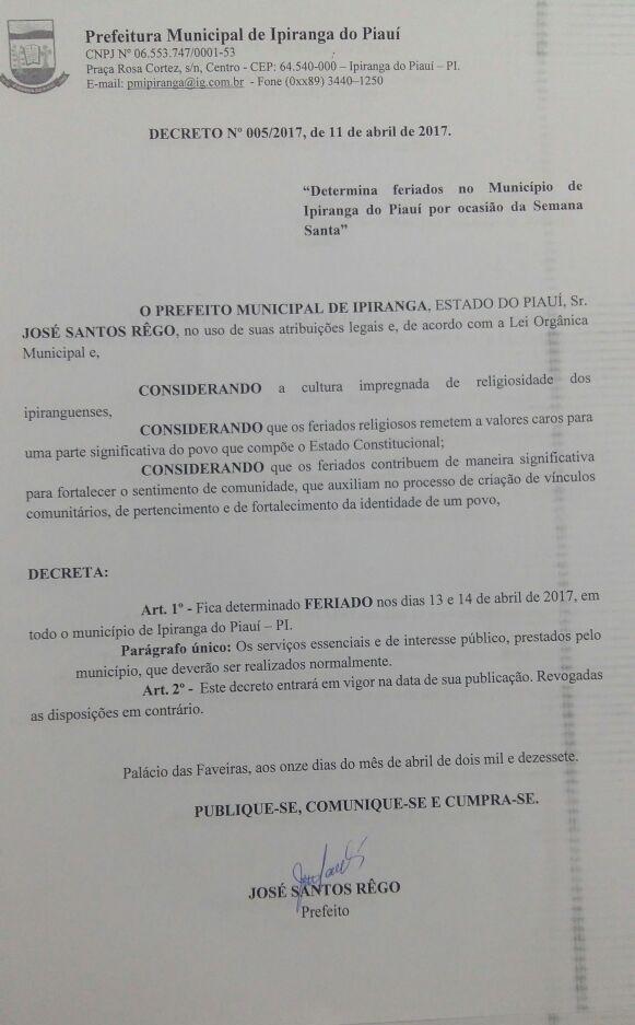 Prefeito Dr. Zé Maria Decreta Feriado nos Dias 13 e 14 de abril - Imagem 1