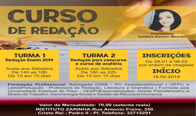Curso de Redação: Para ENEM 2019, Concurso e Curso de Oratória, matrículas abertas 