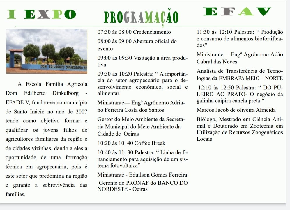    I EXP EFA V será realizado na escola agrícola Dom Edilberto (EFADE V) em Santo Inácio do Piauí