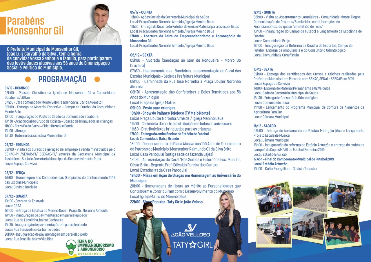 Prefeito João Luiz convida para prestigiar às comemorações do aniversário de Monsenhor Gil - 56 anos - Imagem 3