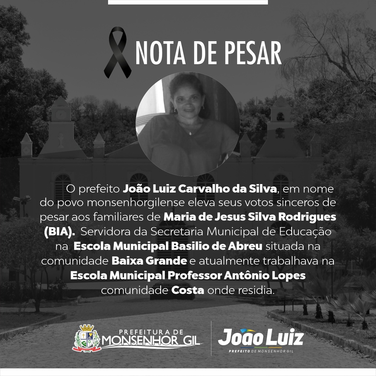 Prefeito João Luiz e Secretaria Norma Suely lamentam morte de servidora 