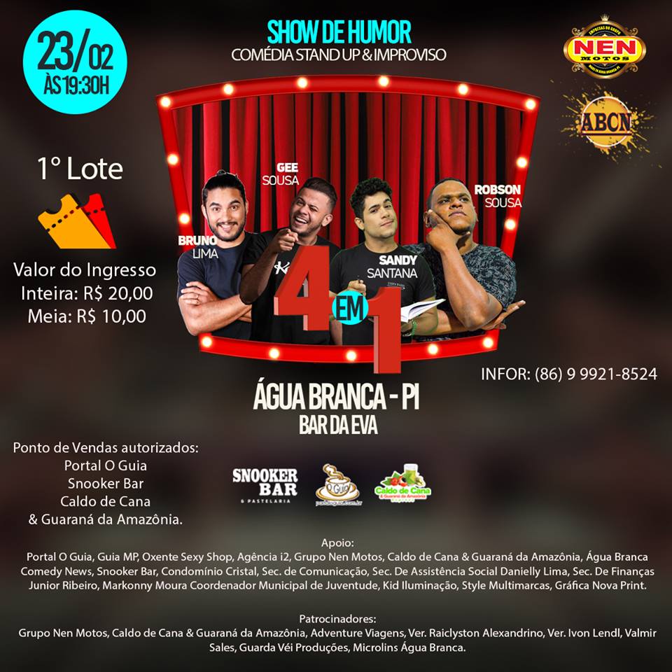E nesse sábado dia 23 grande Show de humor Stund Up e improviso em Água Branca