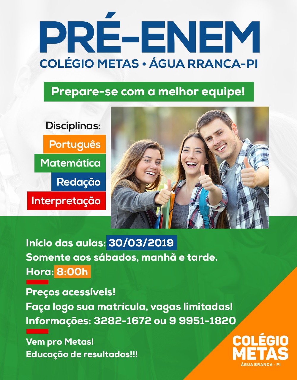 Colégio Metas inicia matriculas para o Pré Enem 2019