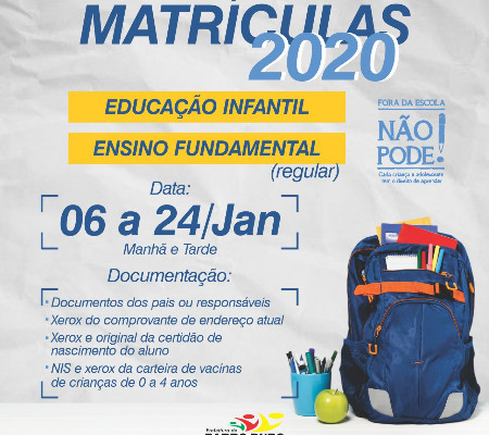 Matrículas da Rede Municipal de Barro Duro seguem até o fim de janeiro