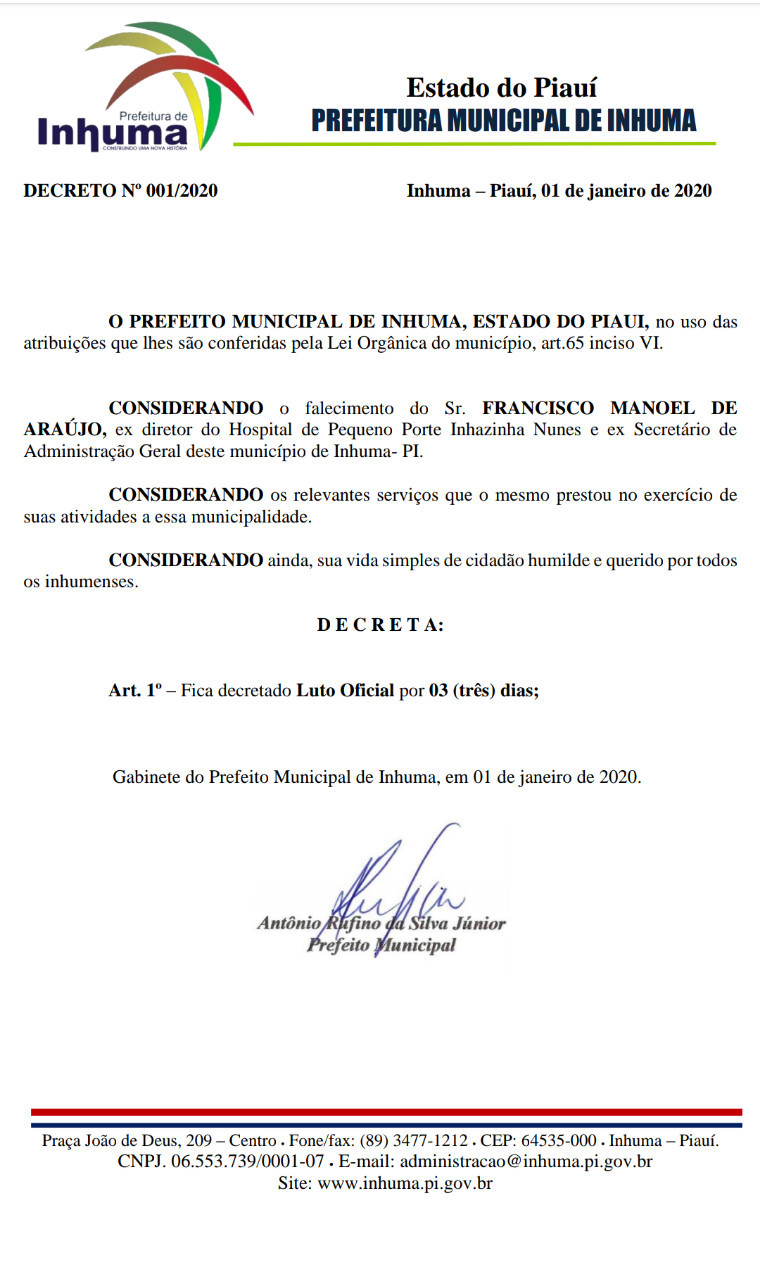 Nota de falecimento/Luto Oficial