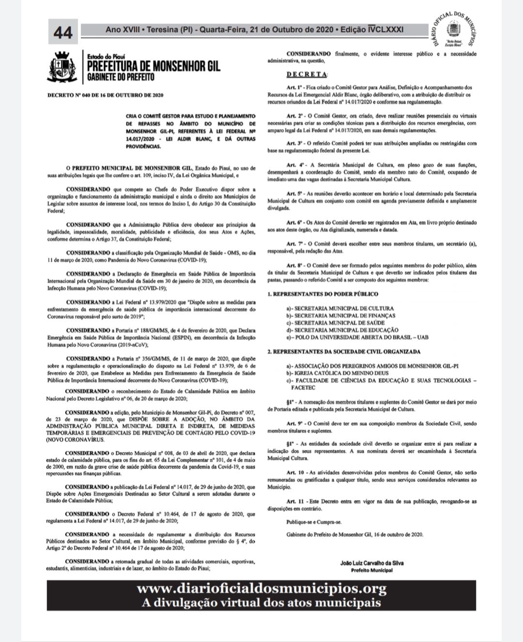 Monsenhor Gil dá início ao pagamento dos beneficiários do Auxílio Emergencial da Cultura - Lei Aldir Blanc - Imagem 2