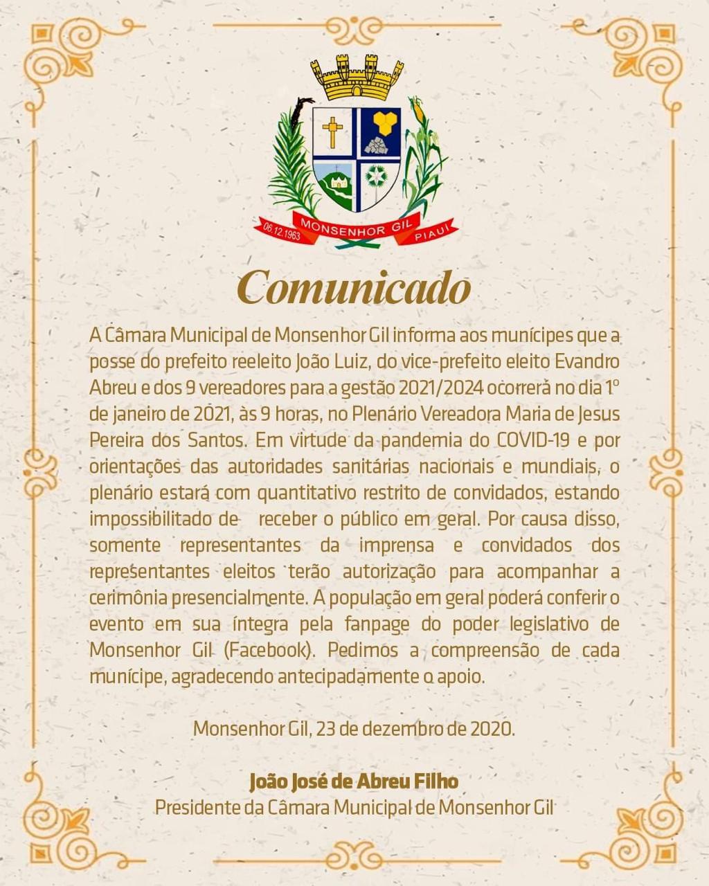 Câmara Municipal de Monsenhor Gil define os ritos de posse do prefeito, vice e vereadores - Imagem 2